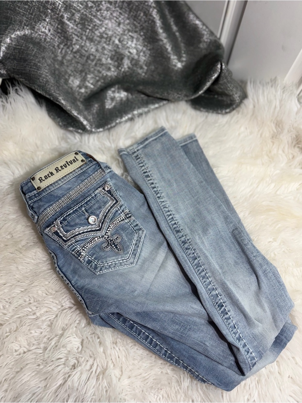 Rock Revival Light Blue Skinny Jeans with Embroidered Back Pockets